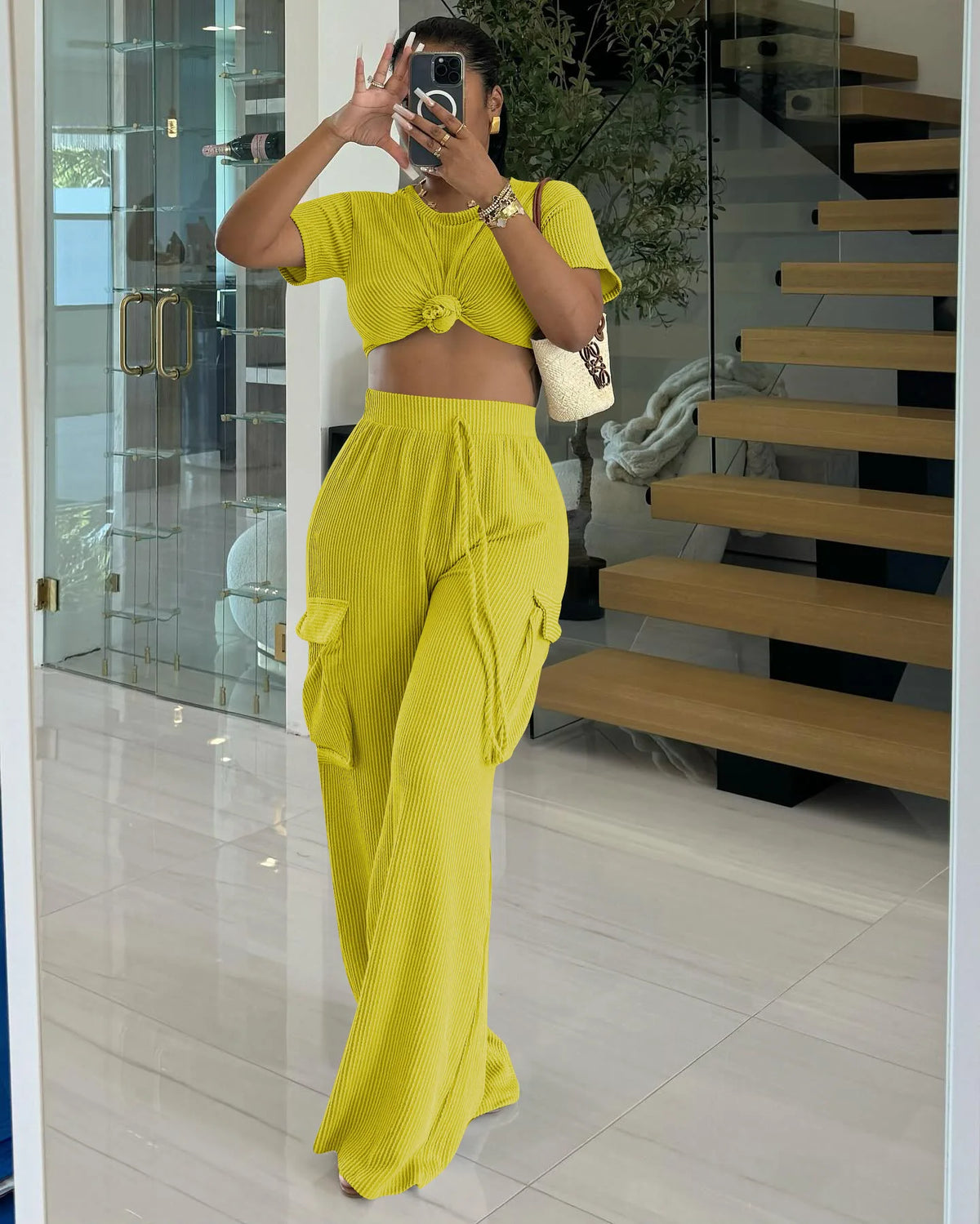 Maxy Casual Women's Suit Summer Short-Sleeved Crewneck Top And Wide-Leg Pant Outfits Solid Color Ladies Two-Piece Set
