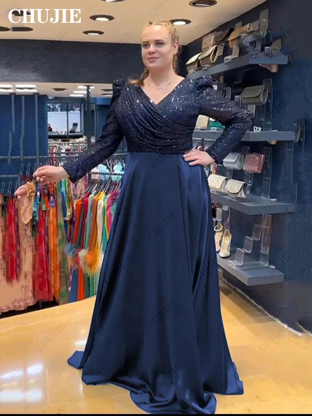 Maxy Customized Pleated Prom Dress Elegant Long Sleeve V-neck Glitter Navy Women Evening Dress A-line Formal Prom Party Gown Vestdos