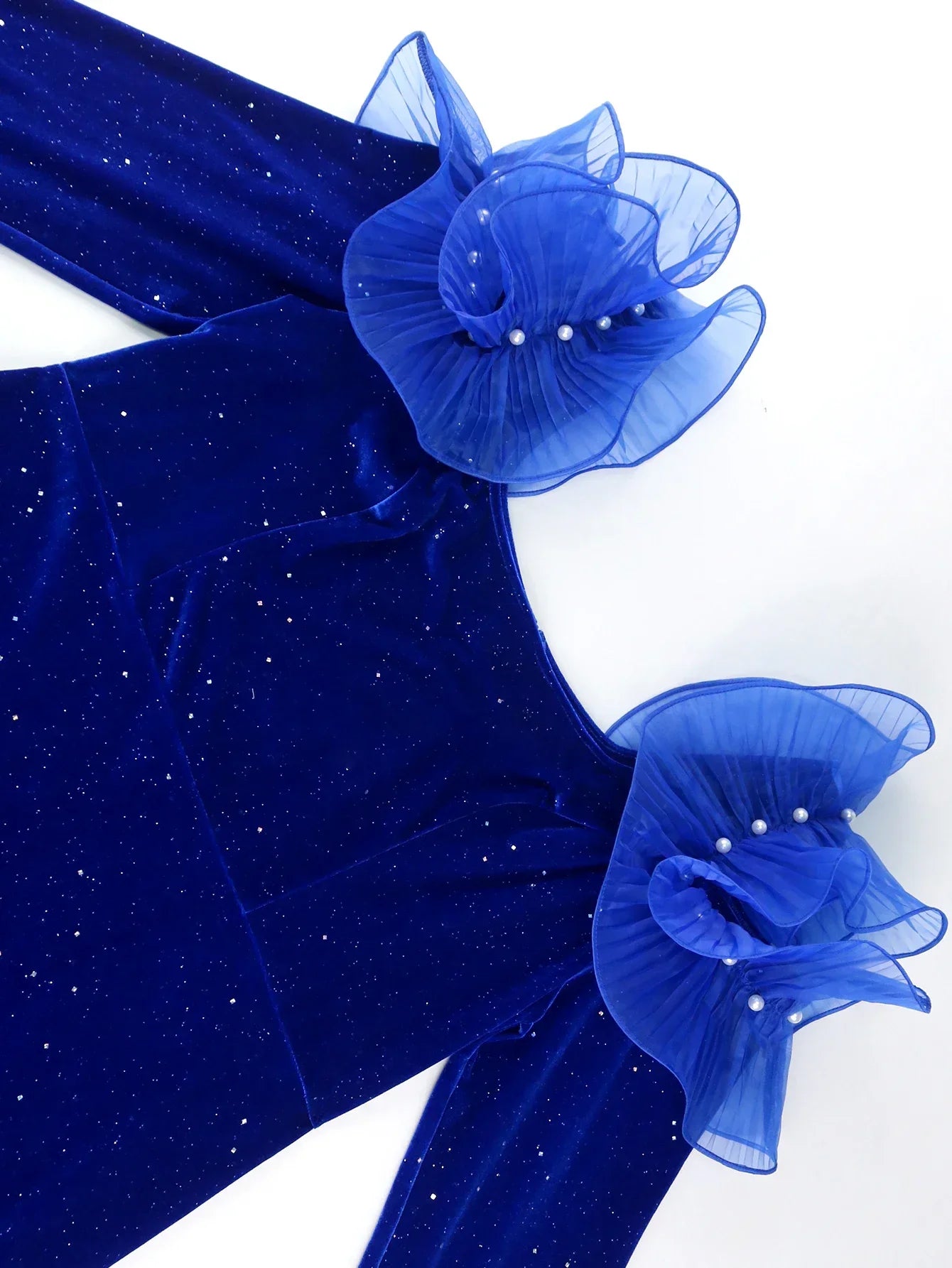 Amay Blue Elegant Party Evening Dress Velvet Winter Wedding Guest Outfit Ruffles Shiny Square Collar Party Long Sleeve Birthday Gowns