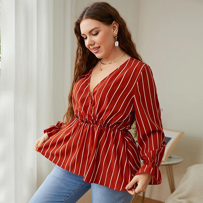 Maxy Women Plus Size Vintage Long Sleeve Tops Striped Print Wrap V-Neck Loose Ruffles Elastic Waist Peplum Blouses 3XL 4XL