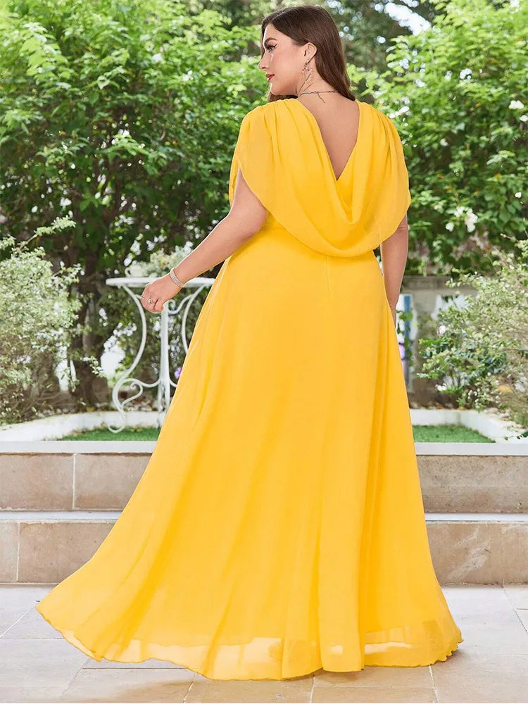 Maxy Plus Size V Neck Chiffon Yellow Floor Floor Bridesmaid Luxury Dress 4XL 5XL Big Size Shiny Chiffon Banquet Evening Dress Women