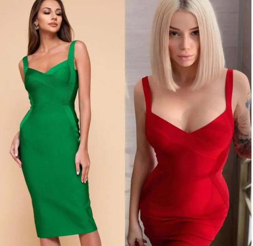 Babs High Quality Pink Green Red Bodycon Knee Length Rayon Bandage Dress Evening Party Dress