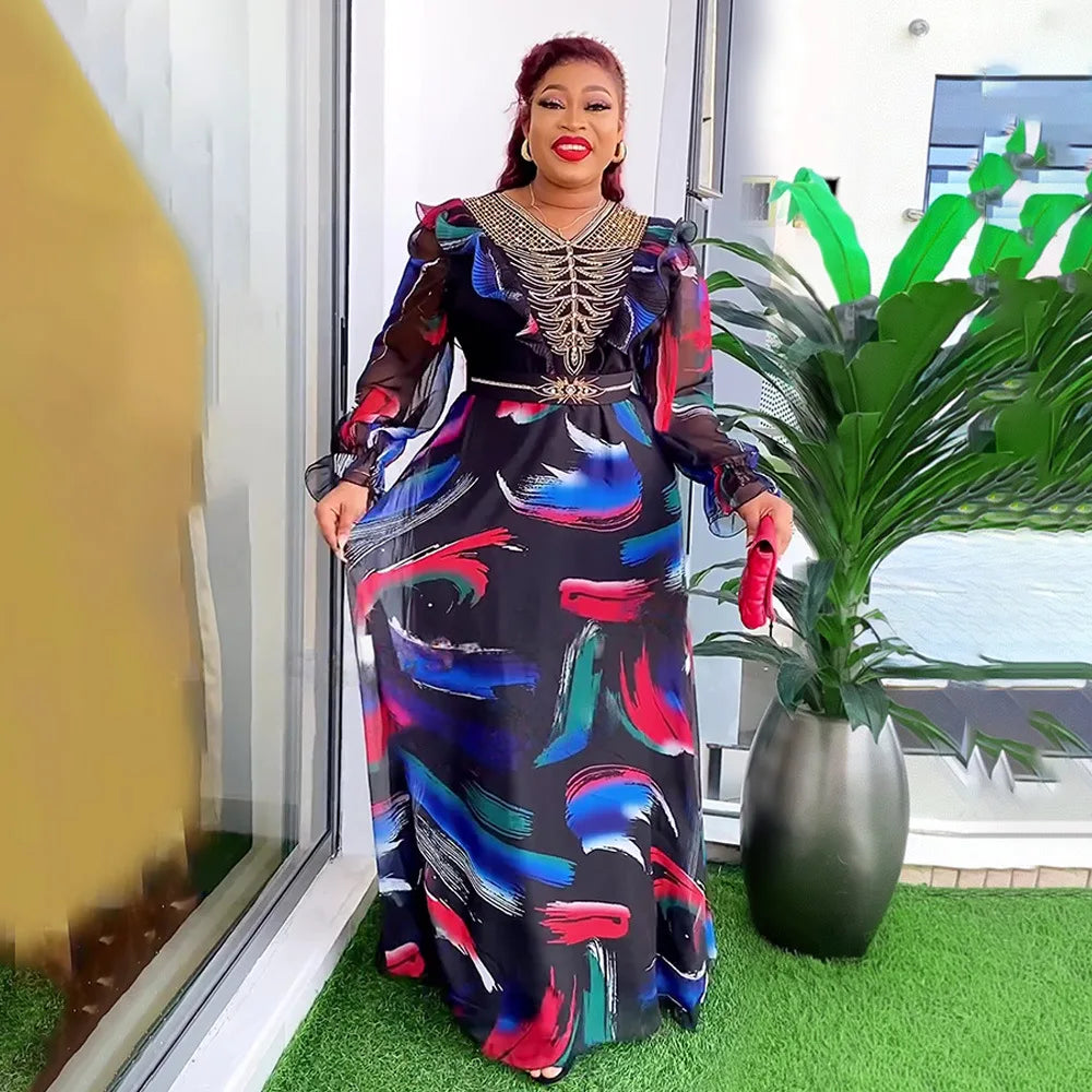 Maxy Plus Size Dresses for Women Luxury Diamonds Print Chiffon Long Dress Ankara Dashiki Africa Clothing Kaftan Turkey Gowns