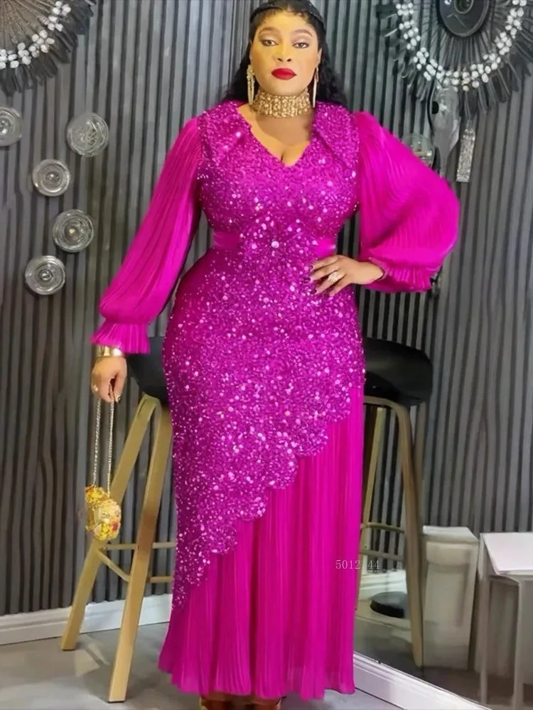Maxy Elegant Dresses for Women Plus Size Sequin Evening Party Long Dress Dashiki Ankara Turkey Outfits Robe African Clothes