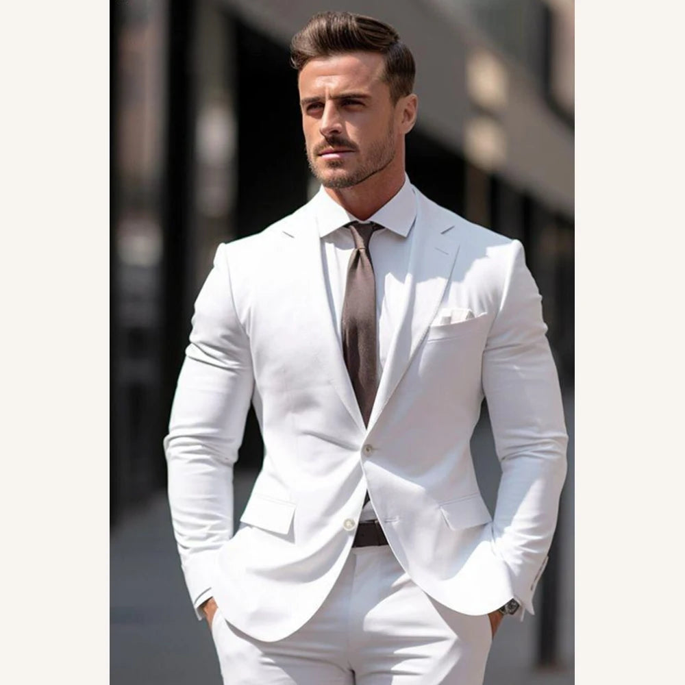 Visco White Men Suits 2 Piece Notch Lapel Single Breasted Outfits Summer Chic Groom Wedding Tuxedo Business Casual Office Daily Suit