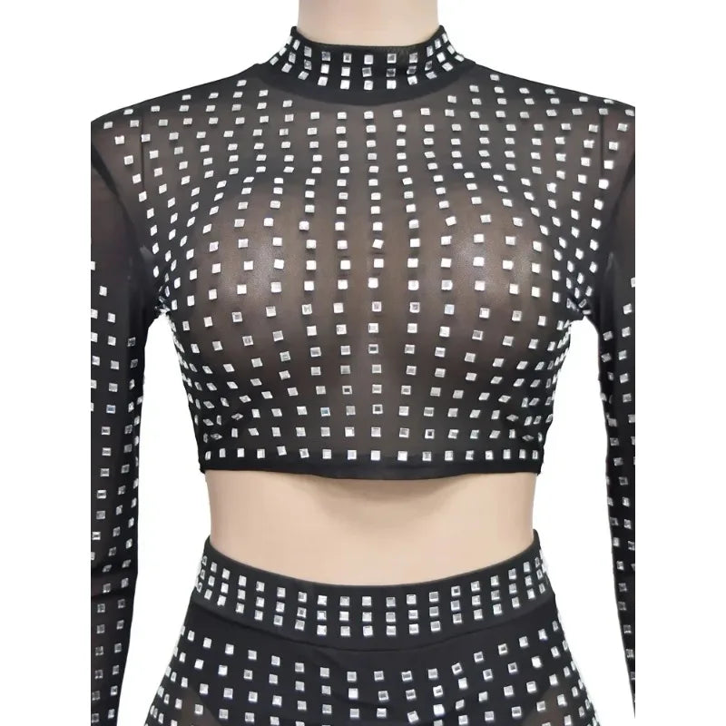Maxy Luxury Rhinestone Studded Two Pieces Sets For Women Glam Sheer Mesh Crystal Crop Top And Matching Skirt Set Clubwear