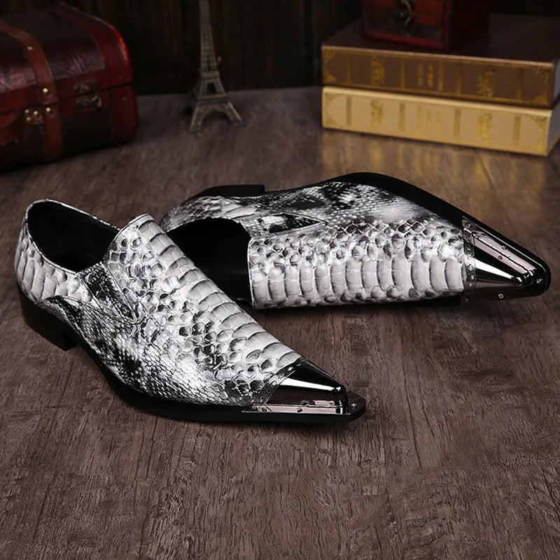 Visco Italian Style Men's Shoes Pointed Iron Toe Fashion Snake Pattern Leather Dress Shoes Men Formal Business/Party Shoes