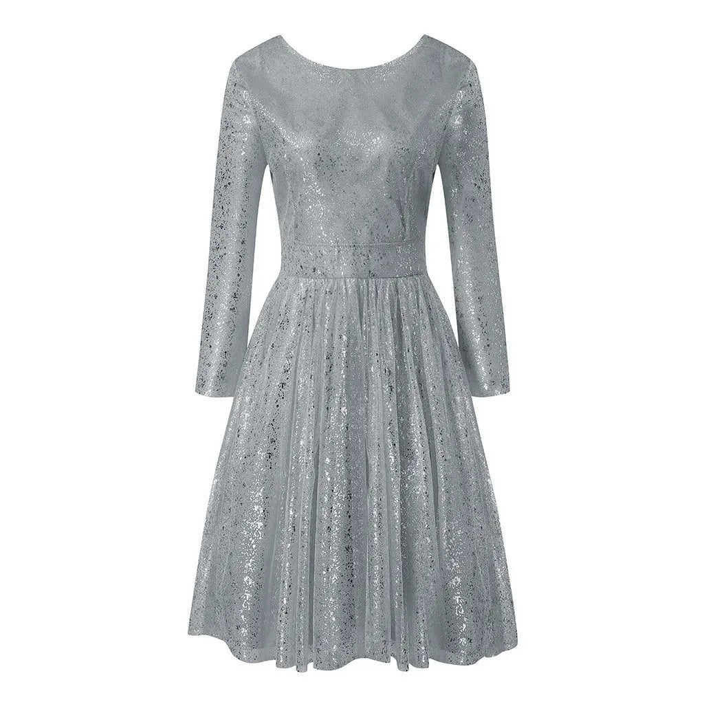 Gracy Femal Silver Sequined Dress Elegant Ladies Tie Waist Wedding Party Dress Women Sling Cross O-neck Slim Hollow Lace Dress