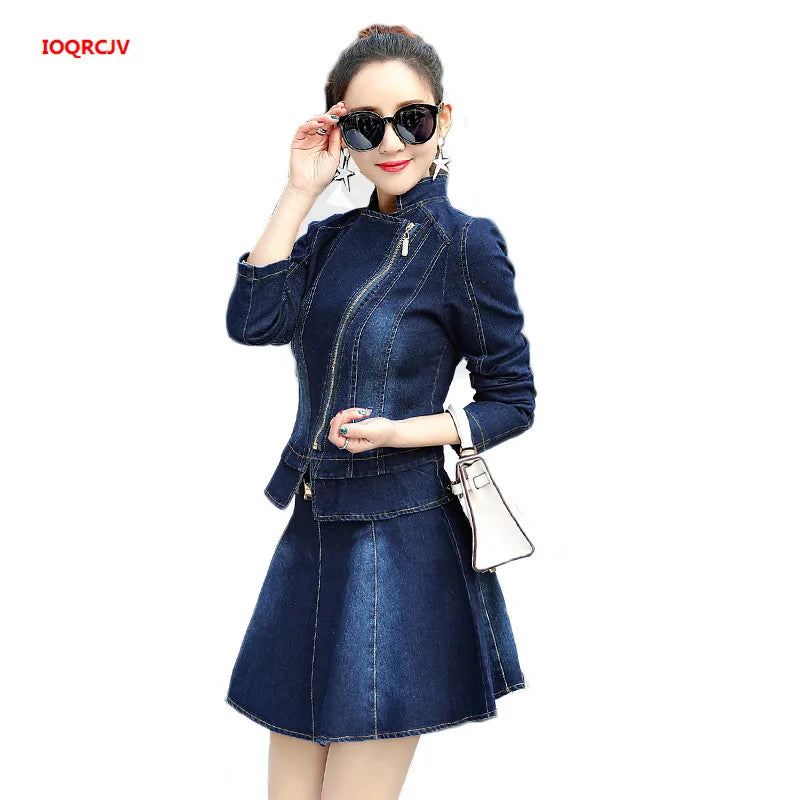 Visco Denim Jacket Skirt Suit New Spring Fashion Elegant Casual 2 Piece Set Women Zipper Jeans Coat And Mini Swing Skirts Suits W976