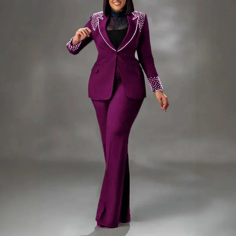 Maxy Fashion 2 Piece Women Set New Arrival Matching Two Pieces Sets Beads Blazer Coat Top Pants Suits Outfits