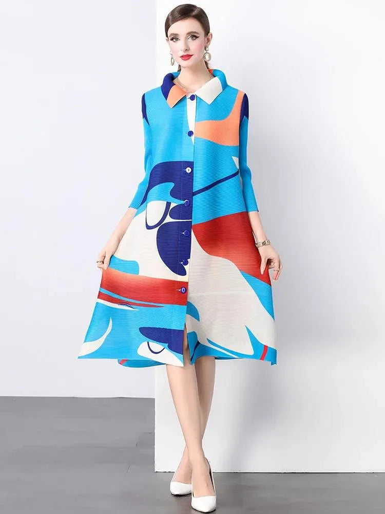 Maxy Women's Single Breasted High Stretch Oversized Pleated Shirt Dress Spring Fashion Color block Miyake Draped Loose Party Clothing