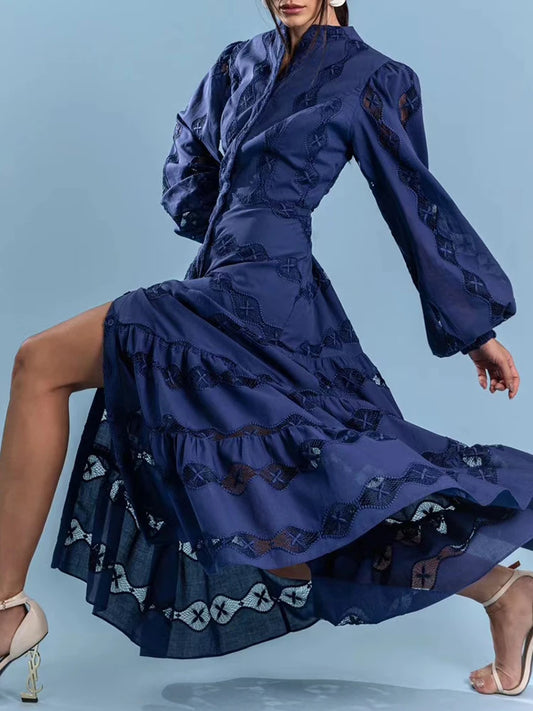 Maxy Solid Hollow Out Slimming Long Dressess For Women Stand Collar Lantern Sleeve High Waist Temperament A Line Dress Female New