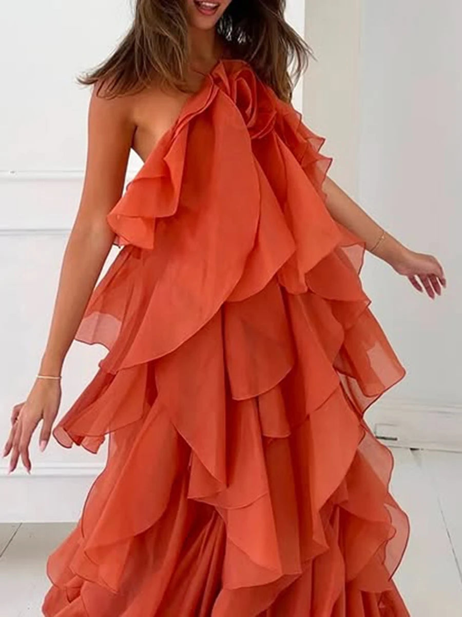 Maxy TWOTWINSTYLE Solid Spliced Ruffles Elegant Dresses for Women Halter Sleeveless High Wasit Backless Loose Dress Female Fashion