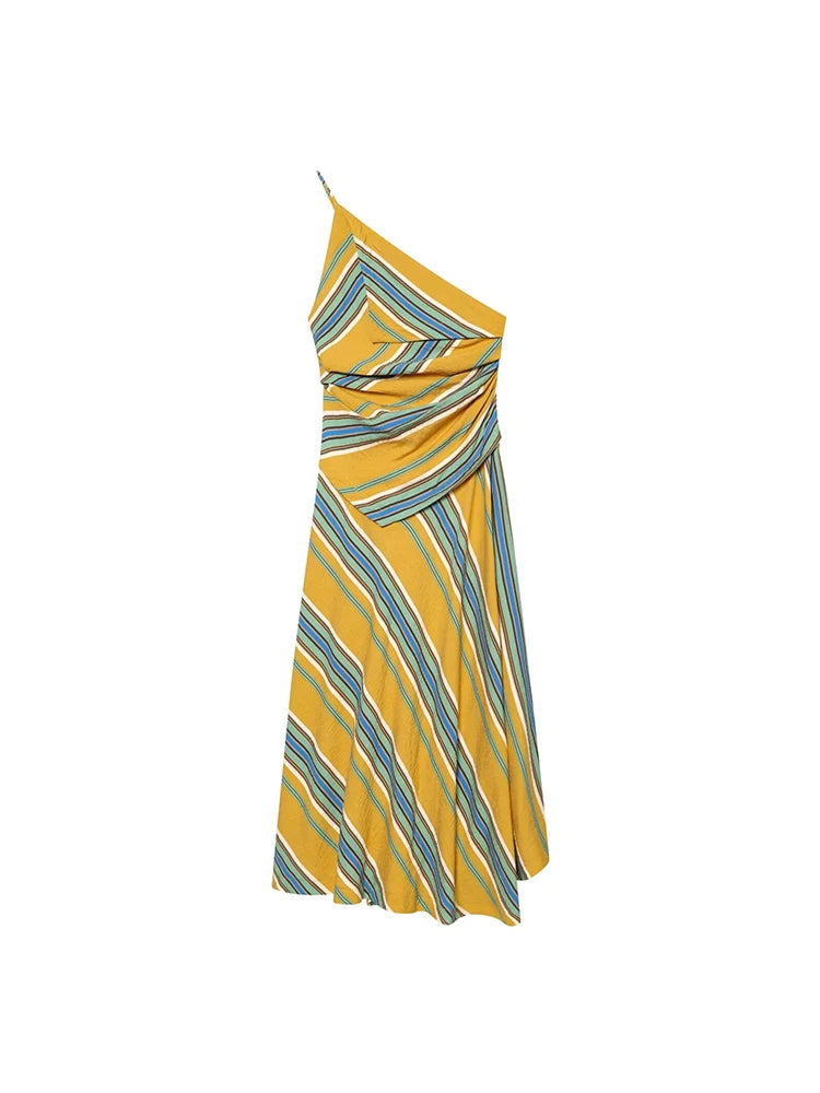 Maxy Women Asymmetrical Strap Dress Sexy Backless Sleeveless Striped Robes 2026 New Lady Elegant Slim Evening Party Long Dress