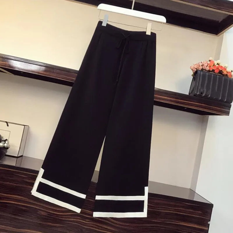 Summer Women's Knitted Two Piece Suits Color Contrast Loose Pullover Sweater Jumpers And Wide Leg Pants Plus Szie Outfits