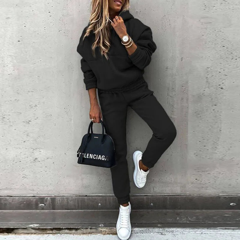 Maxy Autumn Winter New Solid 2 Piece Set Long Sleeve Hoodie Women Casual Suit Fashion Loose Sports Hoodie Small Foot Pants Office Set