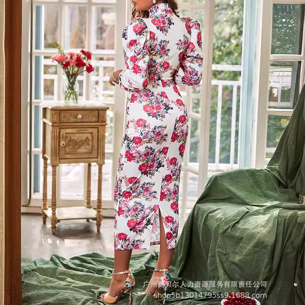 Amay New Pink Floral Print Bubble Sleeve Stand-up Collar Hollow Dress for Women