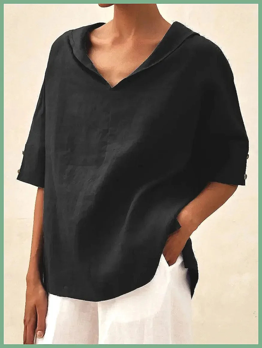 Maxy Women's Loose V-Neck Cotton Linen Shirt, Casual Elegant Summer Blouse Office Wear