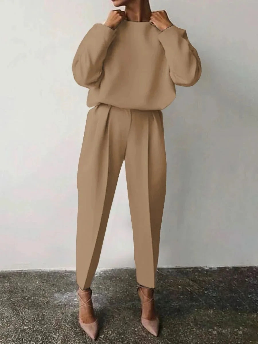 Maxy Fashion Long Sleeve Solid Pant Sets Women Spring Autumn Casual Office Ladies Two Piece Set Elegant Outfit 2 Piece Female