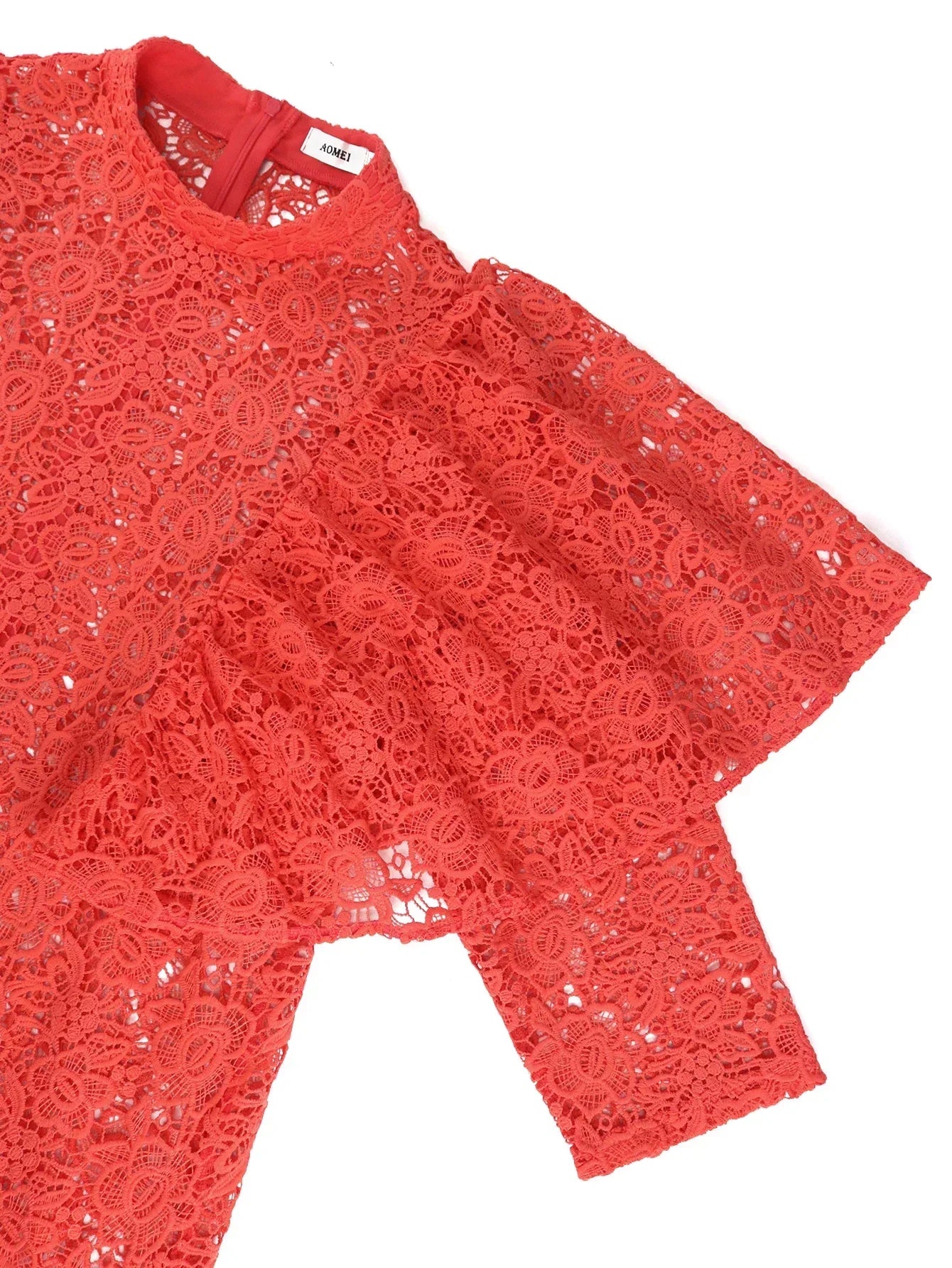 Red Hollow Out Lace Tight Fit Dress Sets Women Mock Neck See Through 3/4 Sleeve Slim Evening Birthday Banquets Two Piece Outfits
