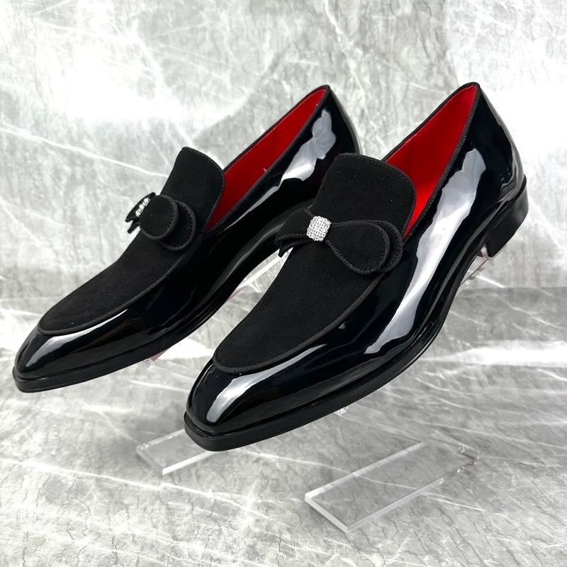 Visa High Quality Bowtie Dress Loafers Black Patent Leather Shoes For Man Fashion Rhinestone Shoes Men's Party And Wedding Shoes