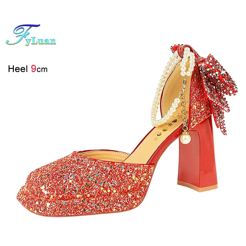 Maxy Summer New Fashion Women's Platform Sandals Glitter Bow Pearl Chain Rhinestone Decoration Ladies Eveing Heels Banquet Shoes