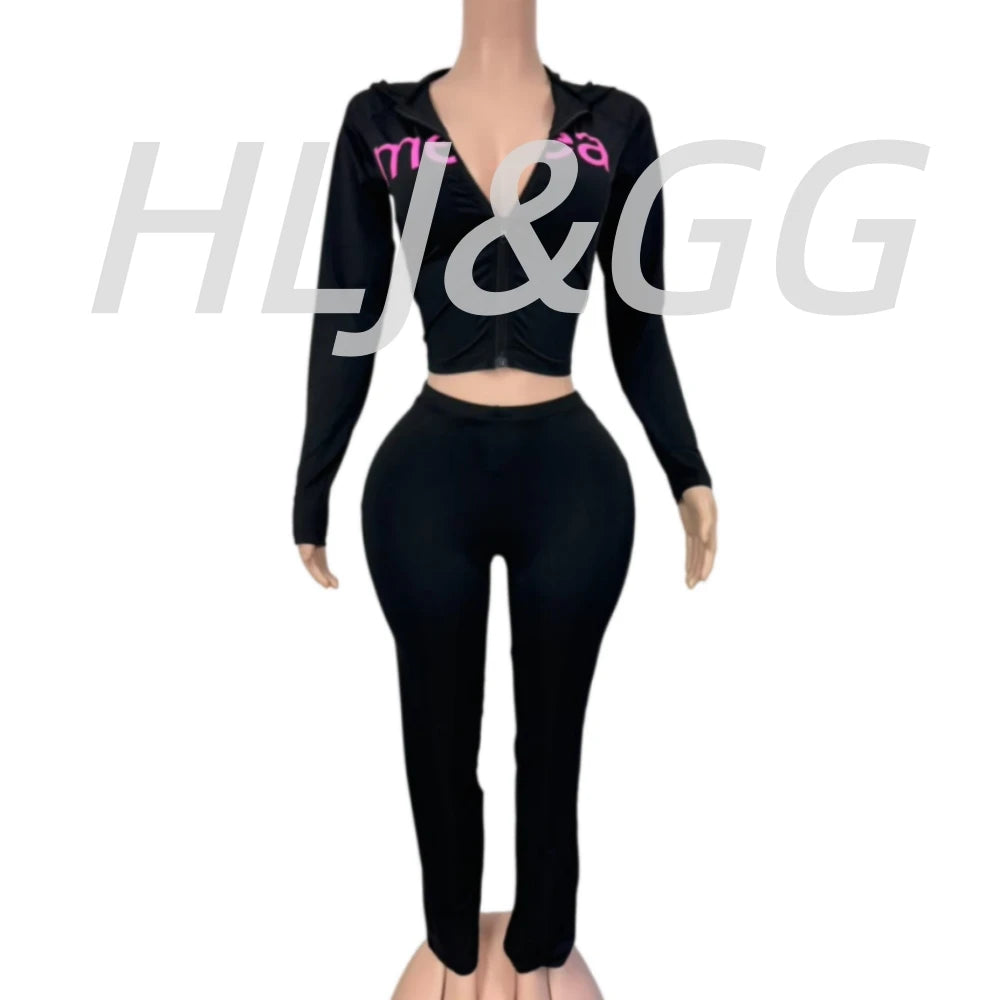 Maxy HLJ&GG Trend Y2K Letter Print Hooded Tracksuits Women Zipper Long Sleeve Slim Top And Skinny Pants Outfits Fashion Streetwear