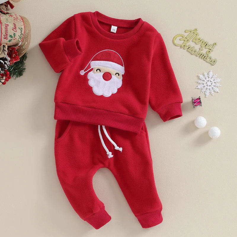Maxy Toddler Boys Christmas Outfits Santa Embroidery Long Sleeve Sweatshirts and Solid Color Long Pants 2Pcs Clothes Set