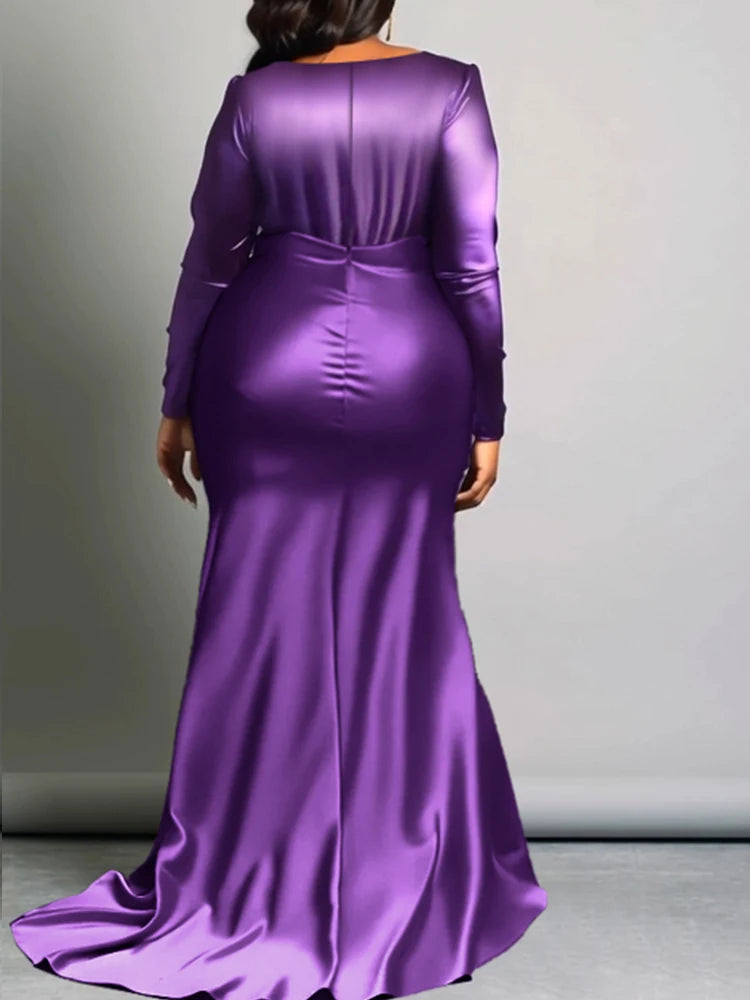 Maxy Women's Plus Size Dress Sexy V-neck Long Sleeve Rushed Satin Evening Party Cocktail Satin Maxy Dress Wedding Guest Dress