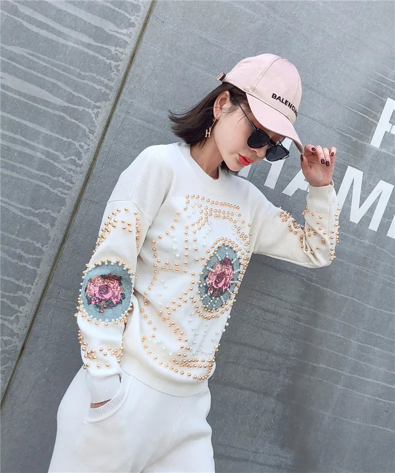 Maxy fashion brand diamond beading suits female woolen warm knit sweaters + rivet beading knit pants two pieces sets wq2384 factory