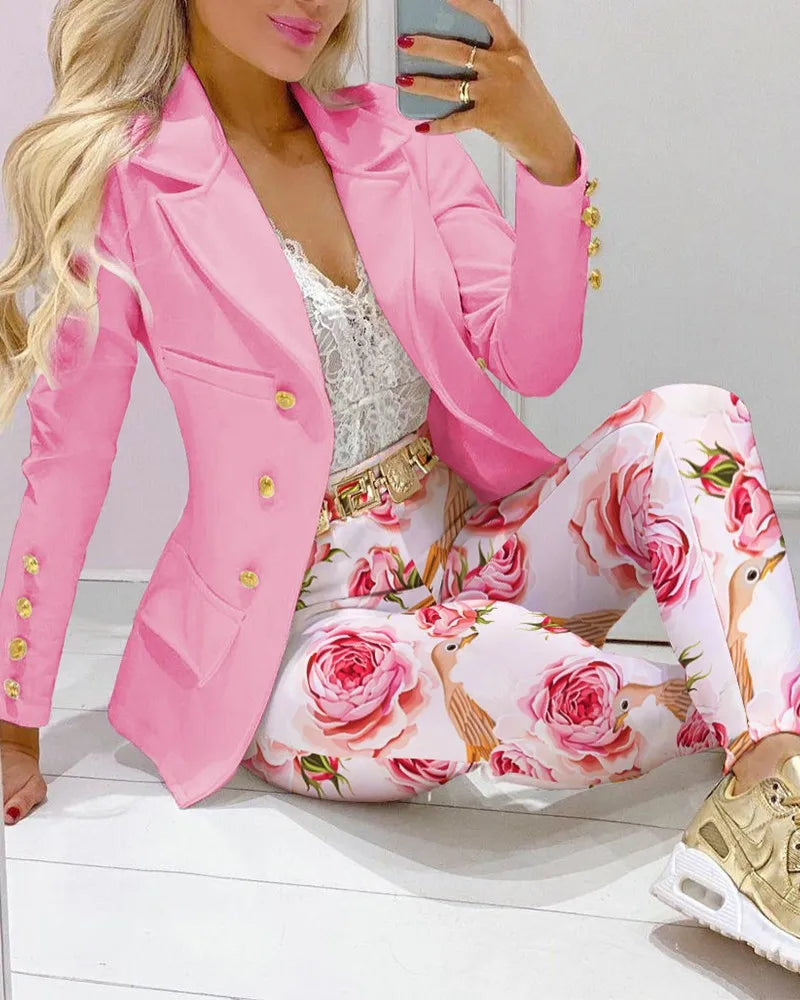 Maxy Fashion Butterfly Print Blazer Suit and Pants Two Piece Set for Women Autumn Winter Outfit Office Lady Casual Clothing