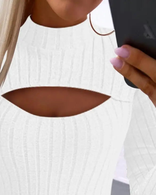 Maxy Standing Collar Hollow Out Long Sleeve Rib Top New Fashion Hot Selling Women's Autumn and Winter