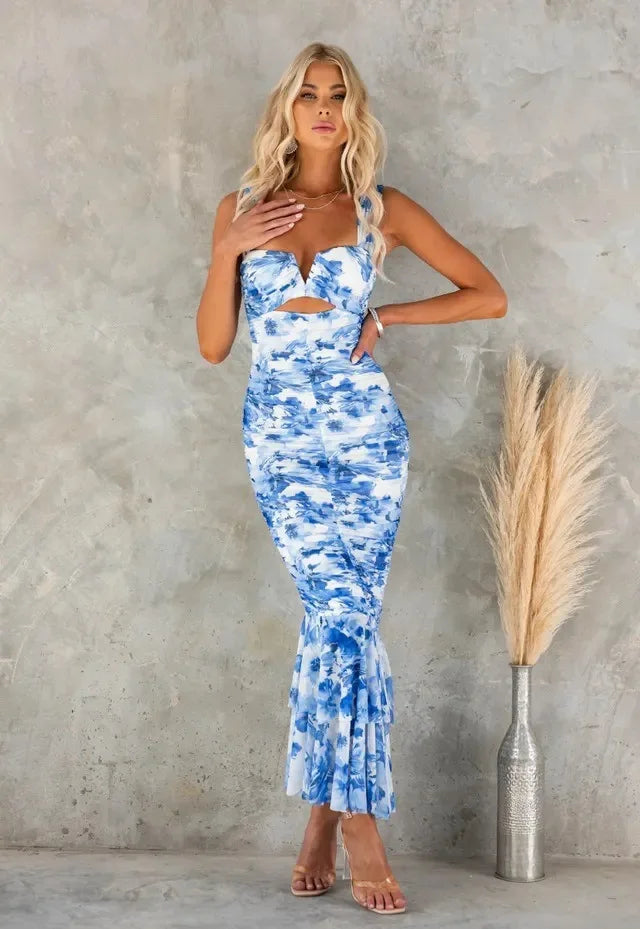 Amay Ladies Summer Floral Print New Fashion Evening Party Dress Women Sleeveless Backless Maxy Dresses Birthday Clubwear Fall Outfits