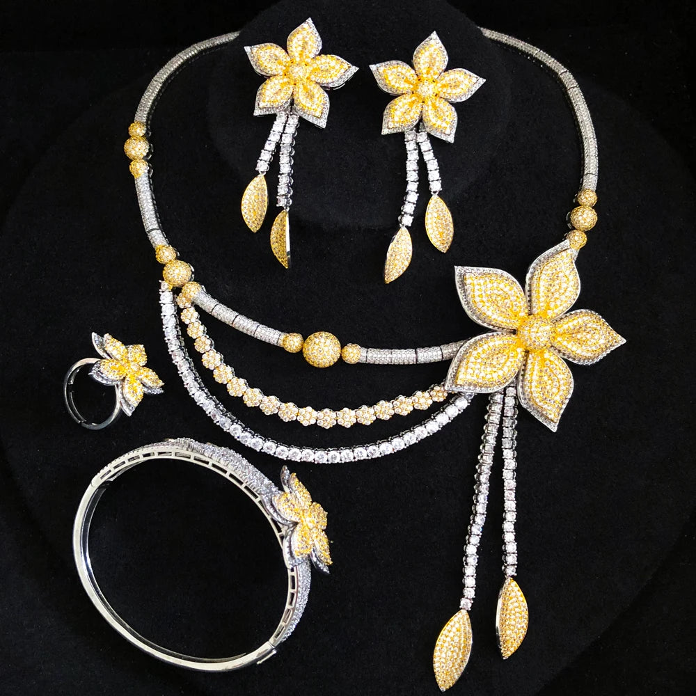 Amay Flower Tassel 4Pc African Jewelry Set for Women Wedding Luxury Indian Dubai Jewelry Set Cubic Zirconia Bridal Jewelry Sets