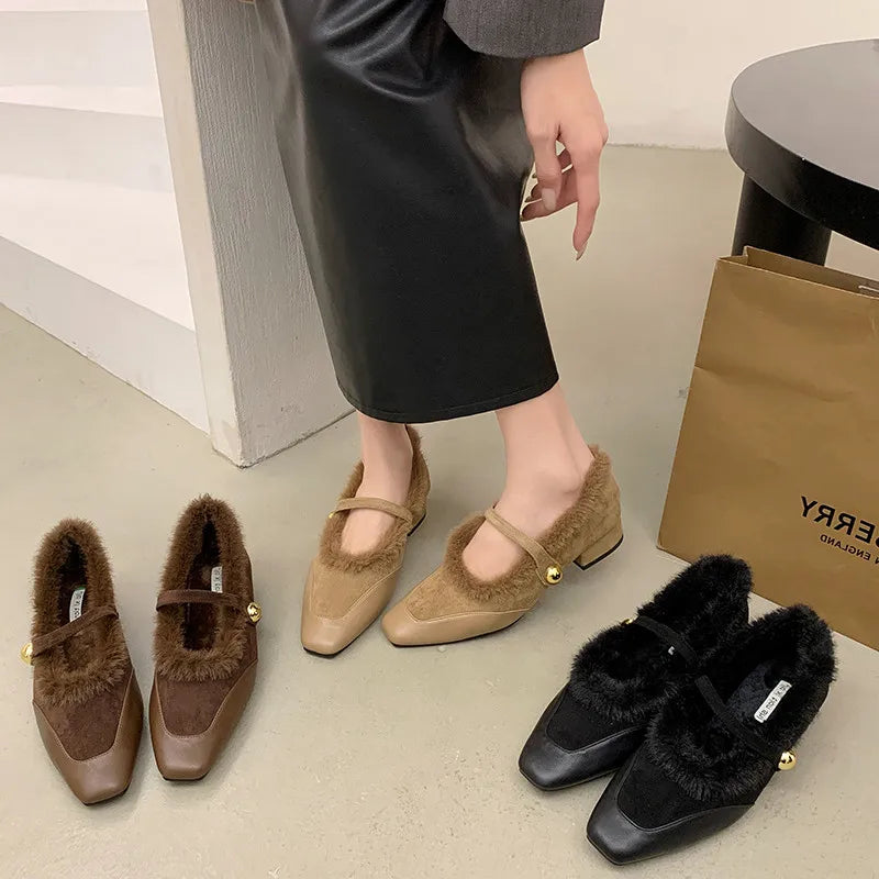 Amay Korean Shoes Loafers Fur Square Toe Autumn New Winter Fall Mary Janes Hook & Loop Fashion Women Shoes Autumn Loafers Fur Mo
