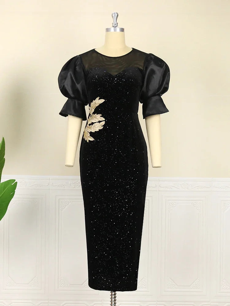 Maxy Women Long Black Dresses Velvet Glitter Sparkly Embroidered Puff Sleeve Dress Elegant Slim Party Celebrity Birthday Gowns