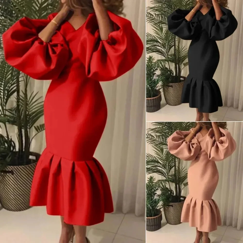 Maxy Plus Size Casual Elegant Fashionable Women's Fashion Solid Color V-Neck Bubble Long Sleeved Fishtail Dress Party Evening Dress