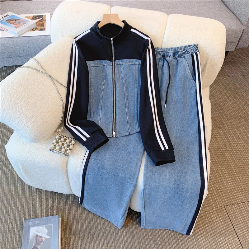 Maxy New Fashion Female Trousers Set Spring Autumn Fake Two Pieces Denim Coat Wide Leg Pants Two-Piece Women's Casual Sports Sets 2XL