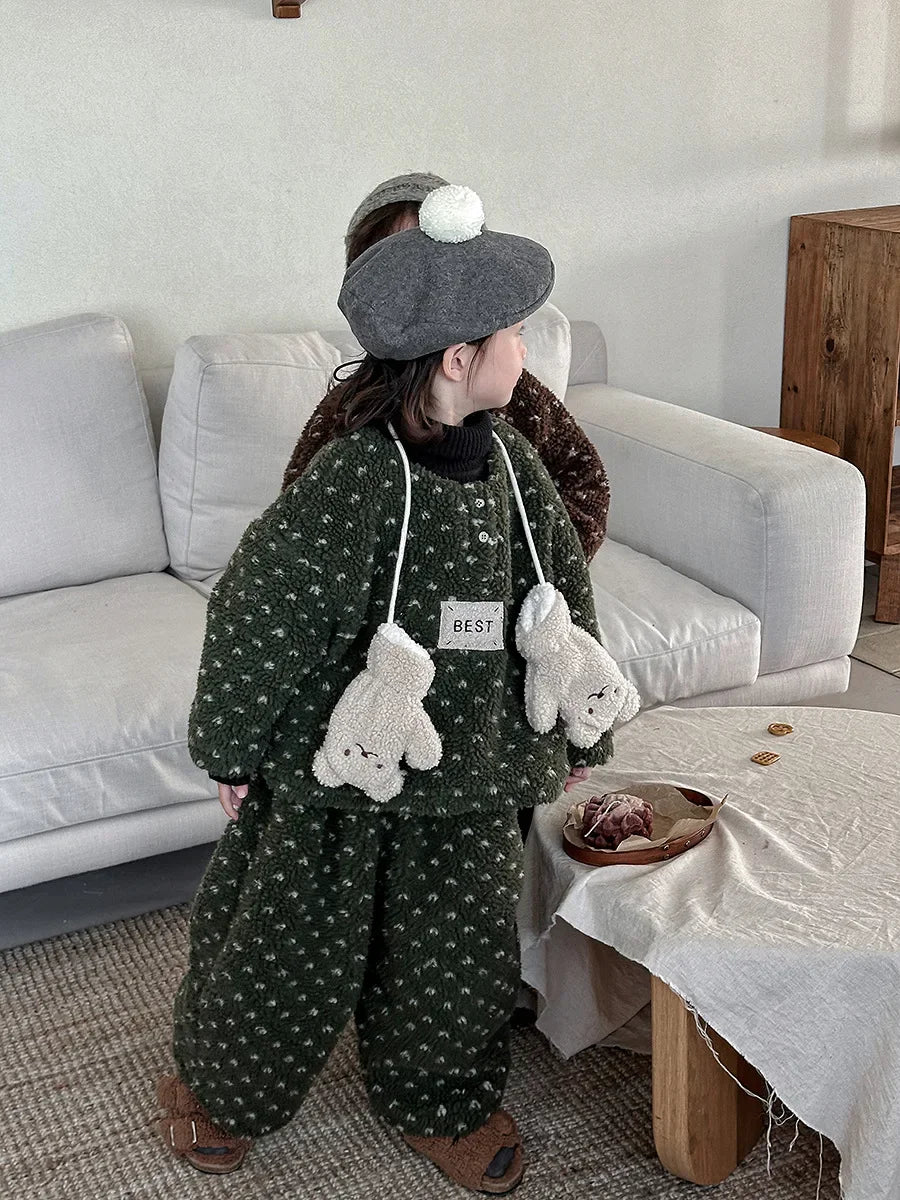 Maxy Girls Suits Children Winter Lamb Wool and Fleece Hoodie Boys Girls Baby Thick Bloomers Two-piece Set Korean Simple Style