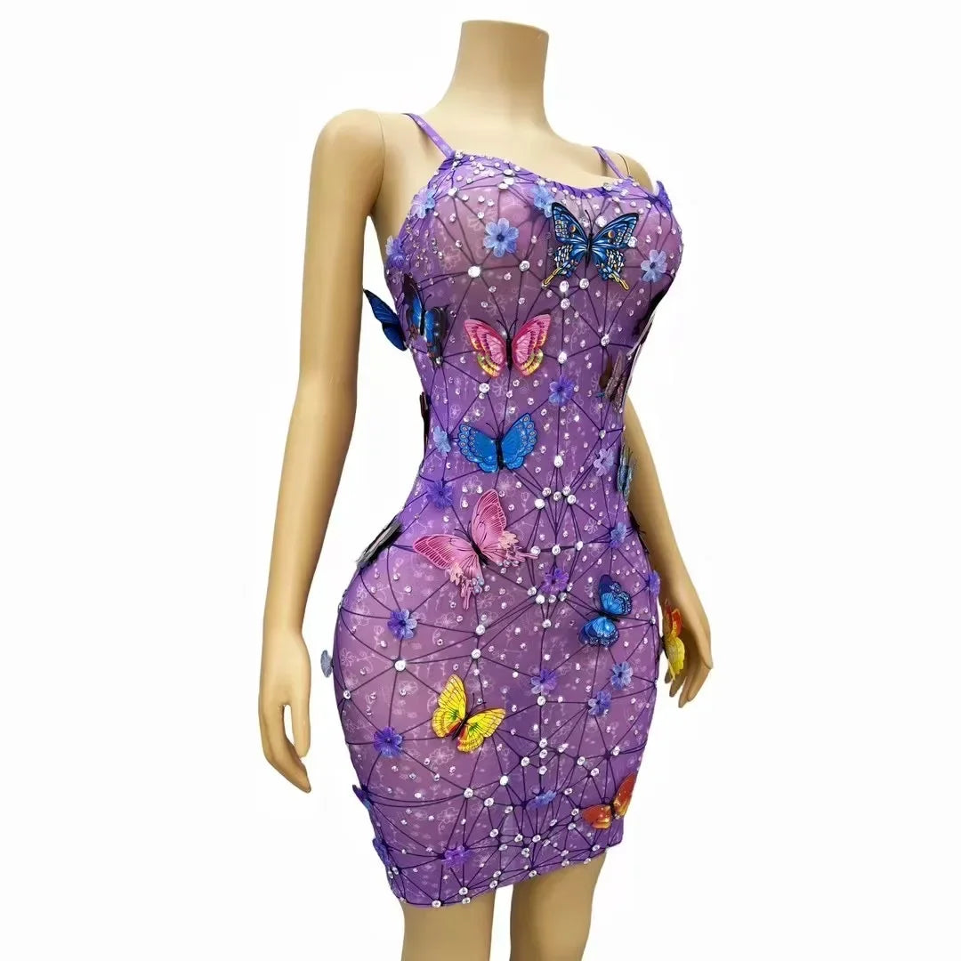 Glitter Babs Summer Dress New Arrival Butterfly Purple Designer Prom Gowns Celebrity Birthday Evening Party Stage Wear