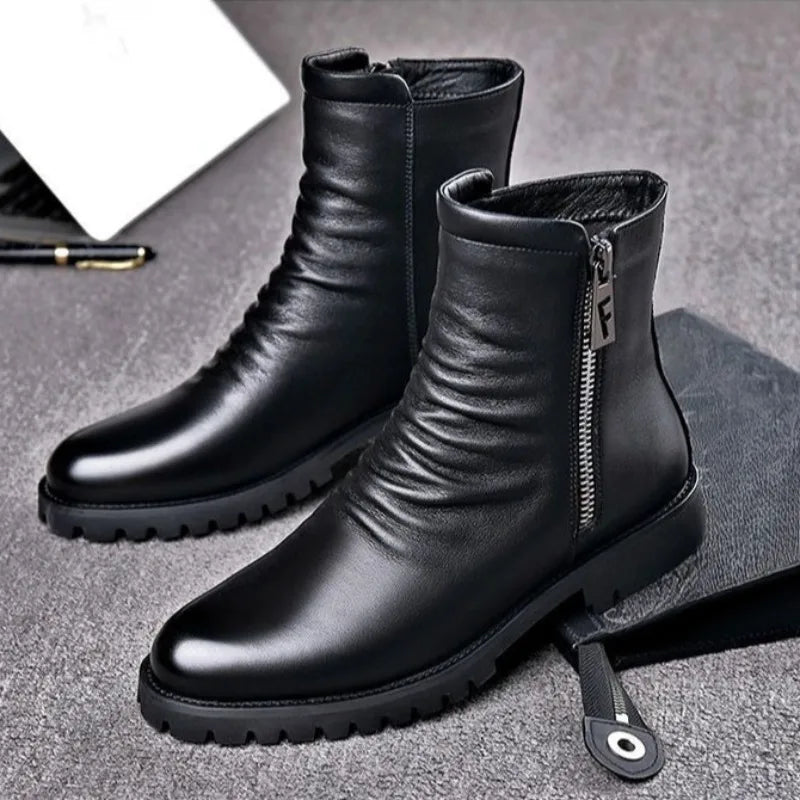 Visco High Quality Men's High Top Boots Genuine Leather Boots Business Boot Fashion Casual Dress Boot Plush Warm Winter Boots for Men