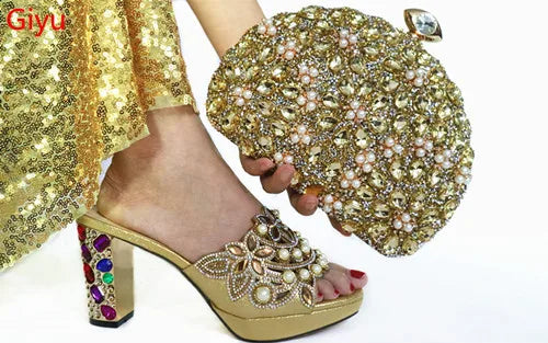 Momsey new Shoes and Bag Set African Sets 2019 blue Color Shoe Bag Set Decorated with Rhinestone High quality shoes
