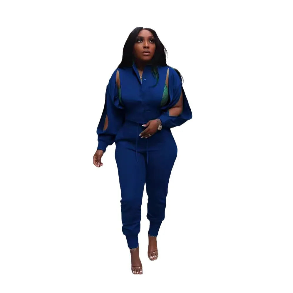 Amay Women Two Piece Set Spring Slim Fit Pants Hollow Out Button Shirt Y2k Tops Suits Vintage Patchwork Streetwear Outfit Sets.