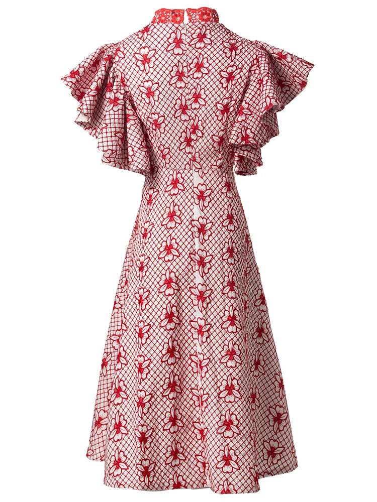 Maxy Seasoning Hollow Out Embroidery Dress For Women Stand Collar Flying Sleeves Red Vintage Dresses Fashion Autumn Female
