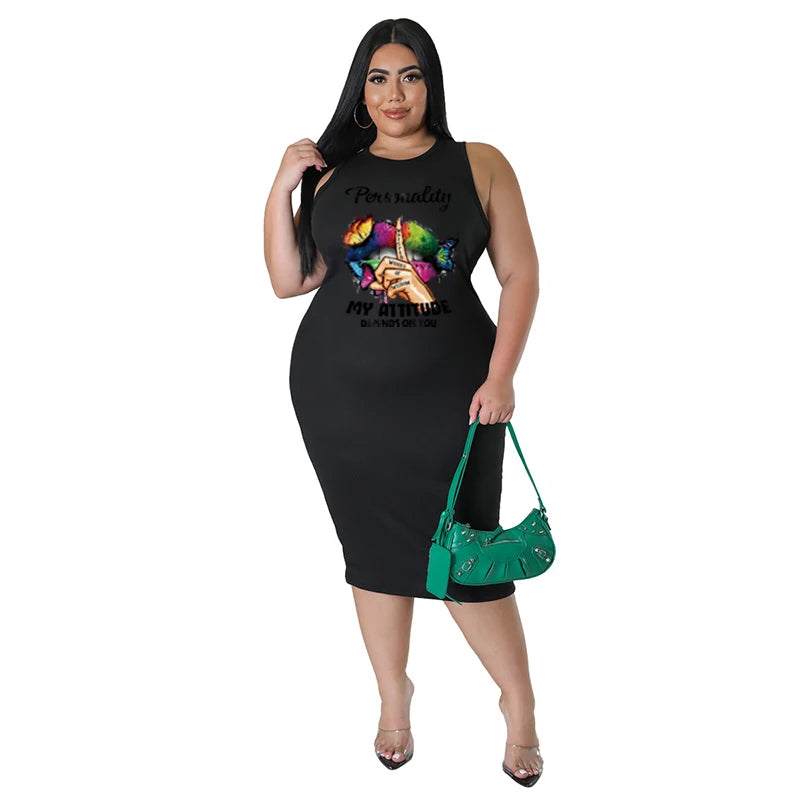 Wmstar Plus Size Women Clothing Dress Summer Lip Print Bodycon Stretch Elegant Midi Dresses Women Wholesale Dropshiping 2023