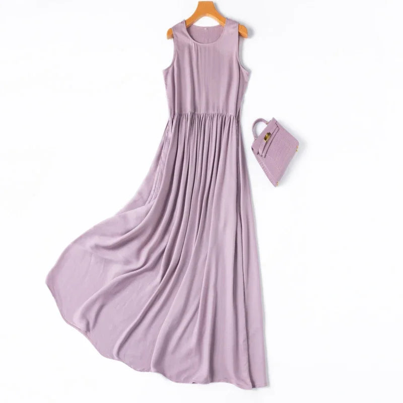 Maxy 70% Mulberry Silk+30% Cotton Dresses 2024 Summer Dress Women Clothing Sleeveless Elegant Women's Dresses