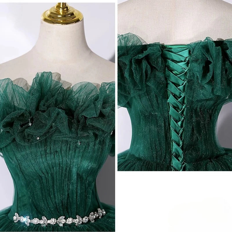 Maxy Dark Green Sweet Strapless Evening Dress New One Shoulder Temperament Host Sen Style Starry Sky Gift Vocal Art Examination Dress