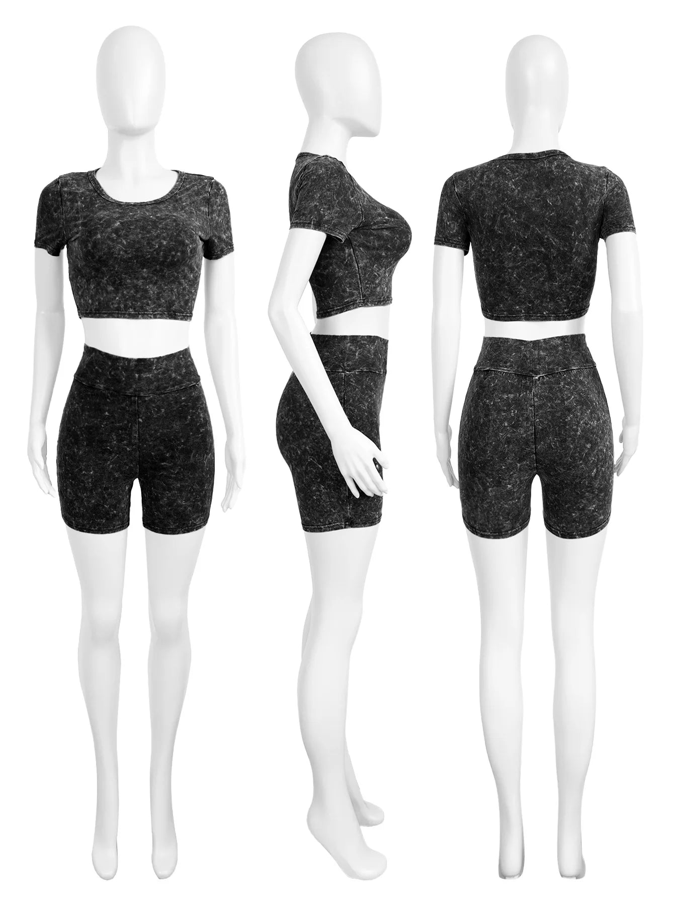 Maxy Acid Washed Women 2 Piece Set Fitness Short Sleeve Crop Top Skinny Biker Shorts Matching Set 2024 Summer New Fashion Tracksuits