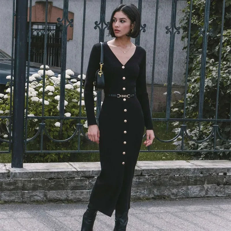 Amay Fall Knitted Slit Long Dress Women's Solid Ribbed Patchwork Cardigan Elegant Slim Party Dress Knitted Women's Long Dress