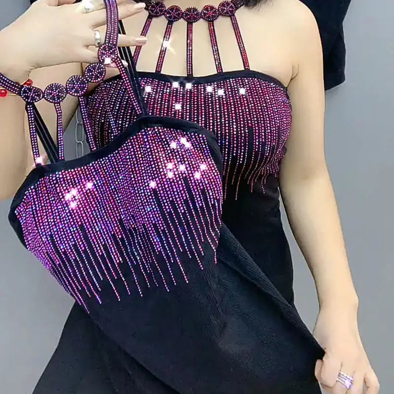 Maxy Spring Summer New Fashion Women Vest Camisole Pendant Bottomed Lady Shirt Vest Color Diamond Rhinestone White Blue